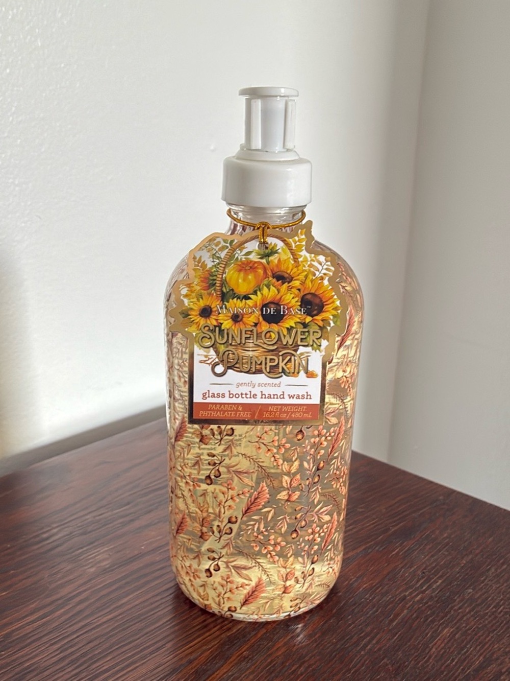NWT-Maison De Base- Sunflower Pumpkin Gently Scented Glass Bottle Hand Wash 16.2